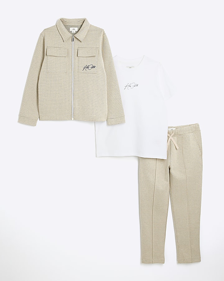 Boys Beige Textured Harrington Jacket Set