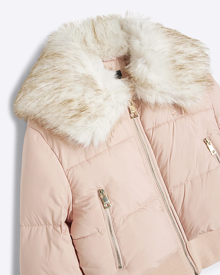 Girls Pink Short Padded Faux Fur Trim Coat