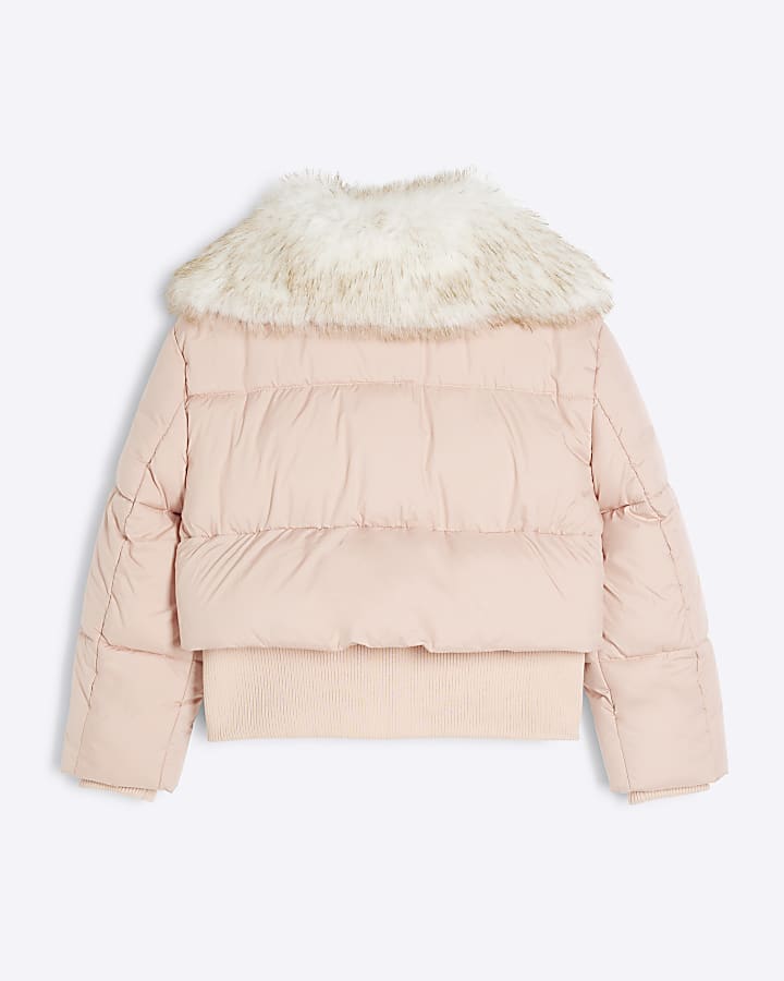 Girls Pink Short Padded Faux Fur Trim Coat