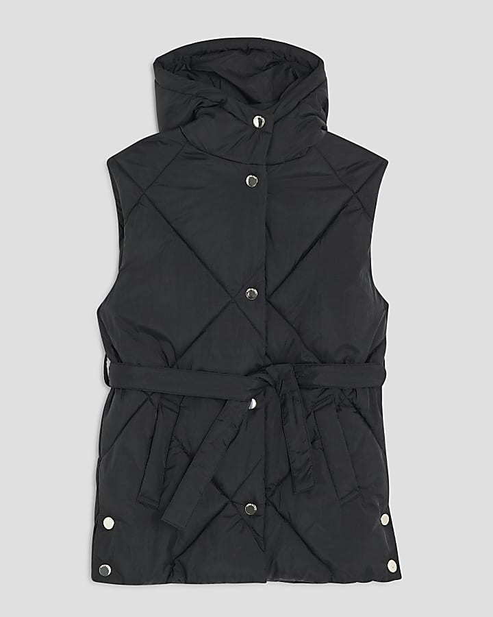 Girls Black Belted Hooded Gilet
