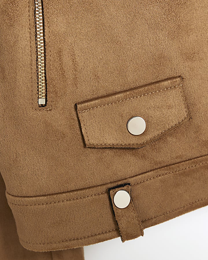 Girls Beige Faux Suede Biker Jacket