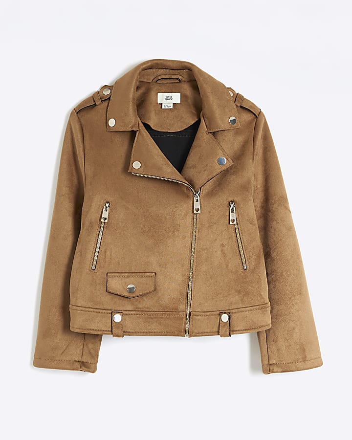 Girls Beige Faux Suede Biker Jacket