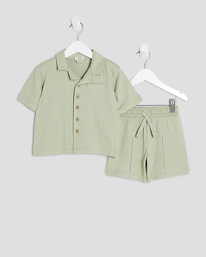 Mini Boys Green Textured Shirt Set