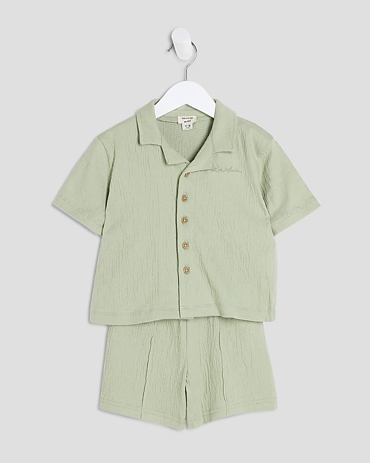 Mini Boys Green Textured Shirt Set