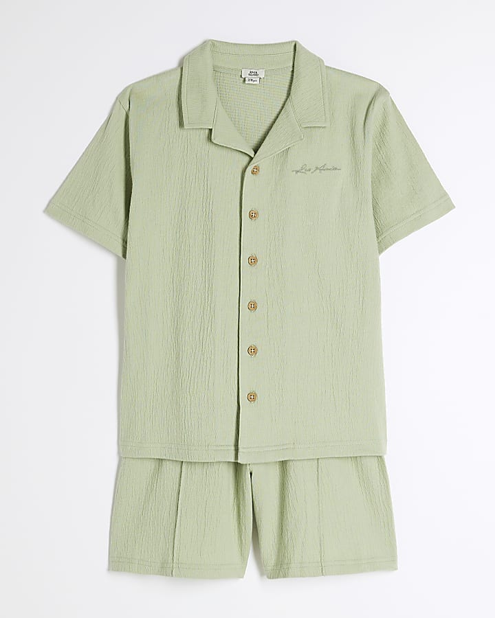 Boys Green Textured Revere Shirt Set