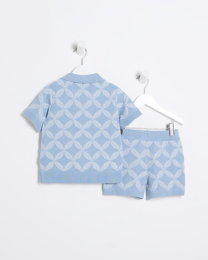 Mini Boys Blue Geometric Polo Shorts Set