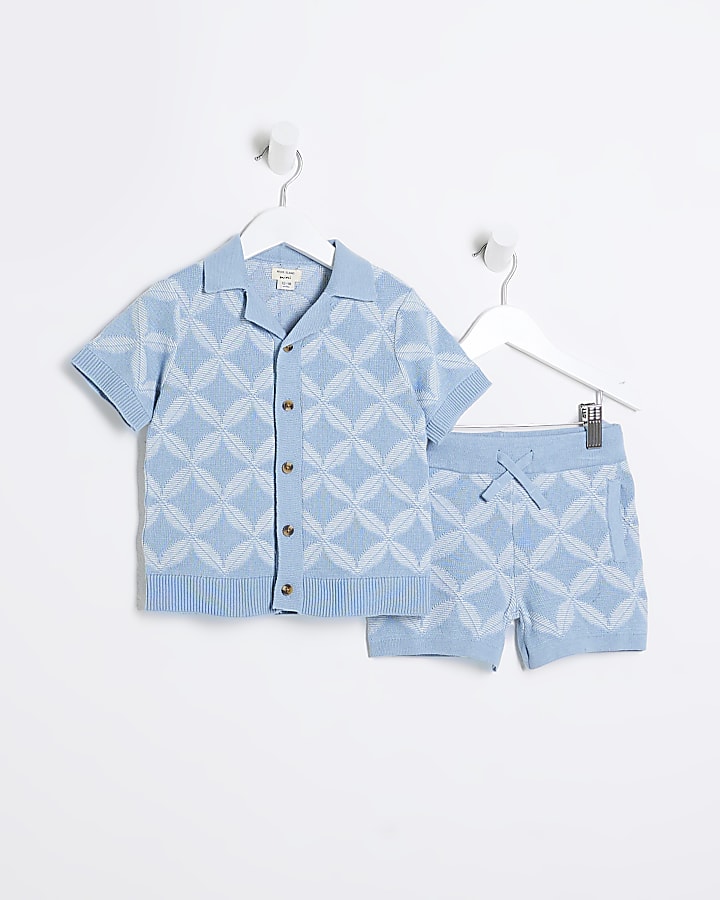 Mini Boys Blue Geometric Polo Shorts Set