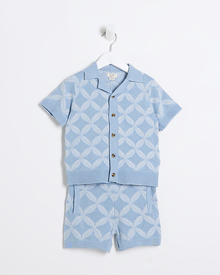 Mini Boys Blue Geometric Polo Shorts Set