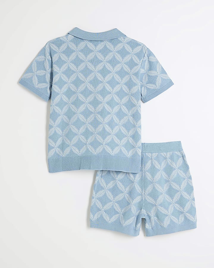 Boys Blue Geometric Polo Shorts Set