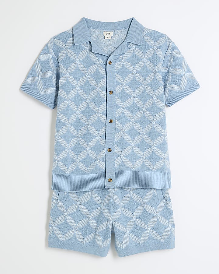 Boys Blue Geometric Polo Shorts Set