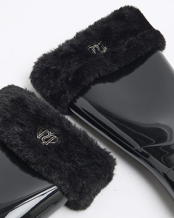 Girls Black Faux Fur Cuff Wellies