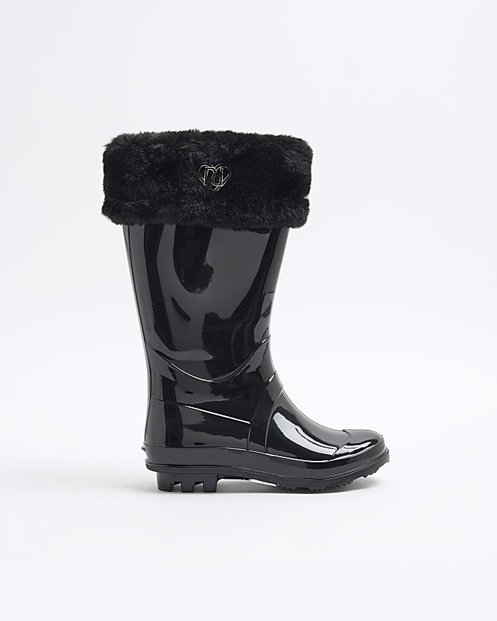 Girls Black Faux Fur Cuff Wellies