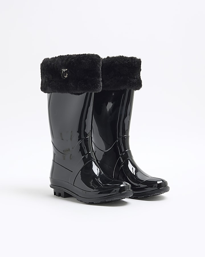 Girls Black Faux Fur Cuff Wellies