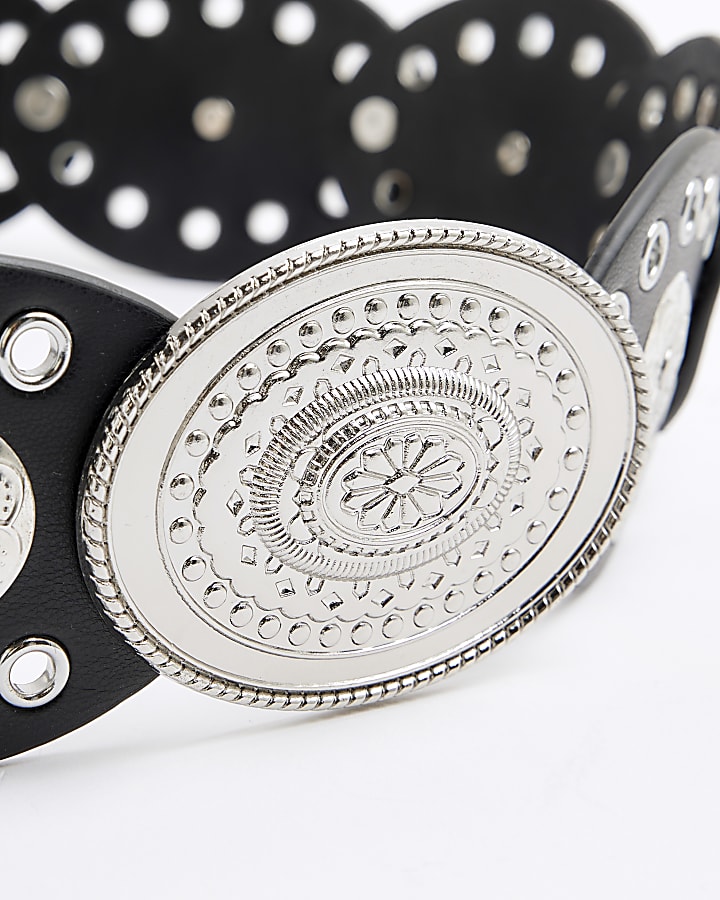 Girls Black Faux Leather Western Disc Belt