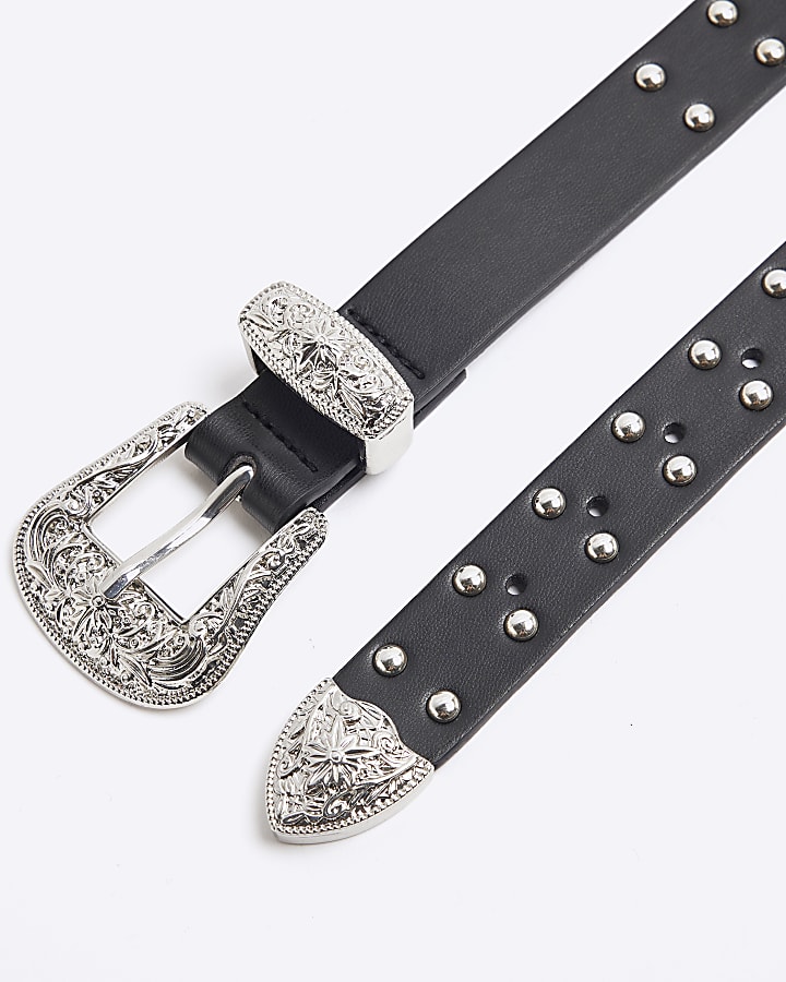 Girls Black Western Buckle Studded Belt