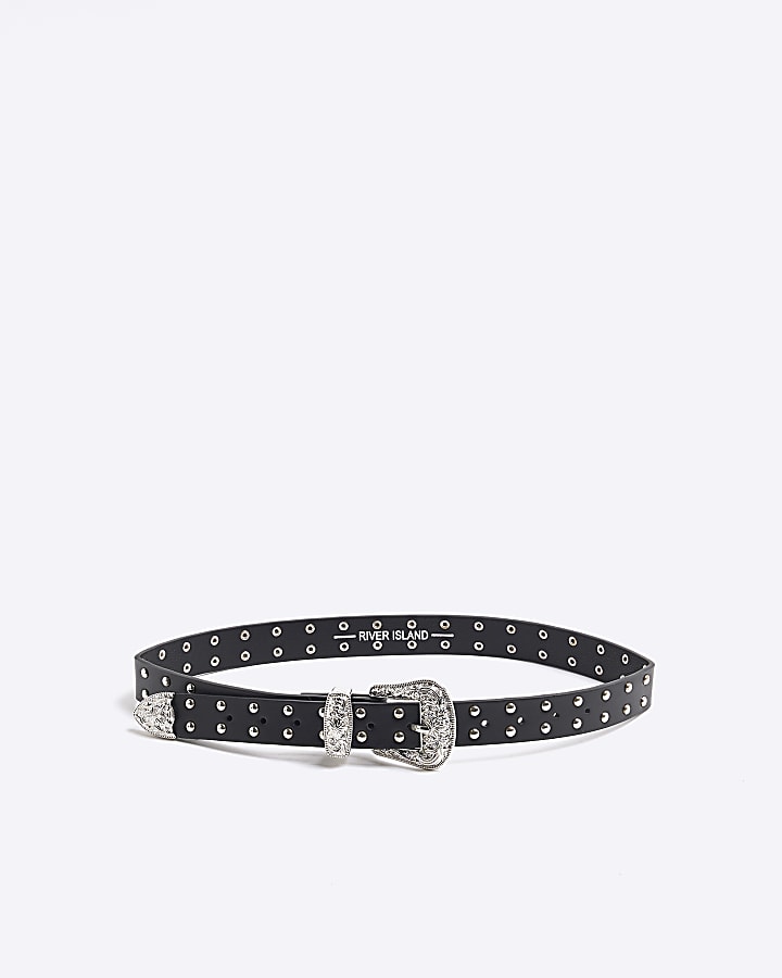 Girls Black Western Buckle Studded Belt