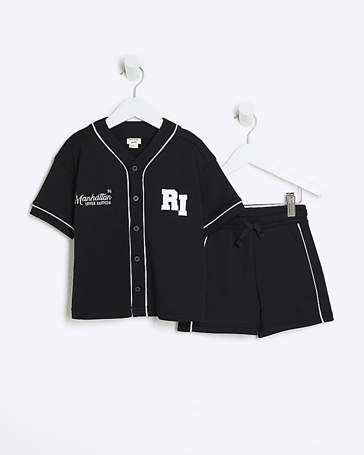 Mini Boys Black Baseball Shirt And Shorts Set