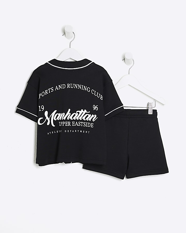 Mini Boys Black Baseball Shirt And Shorts Set