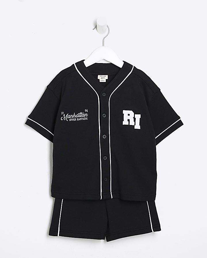 Mini Boys Black Baseball Shirt And Shorts Set