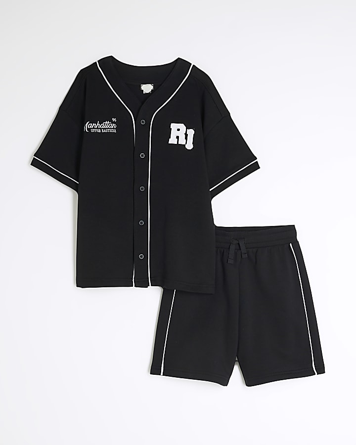 Boys Black Baseball Shirt And Shorts Set