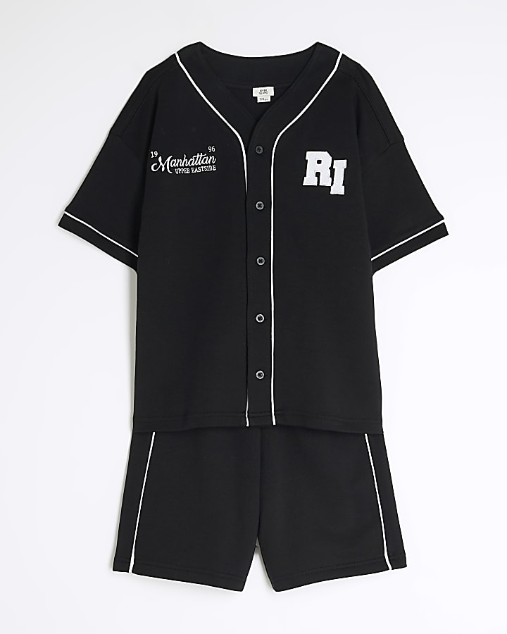 Boys Black Baseball Shirt And Shorts Set