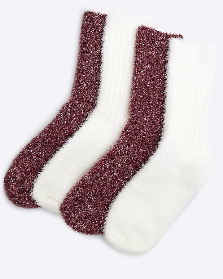 Girls 2 pack  Red Metallic Fluffy Socks