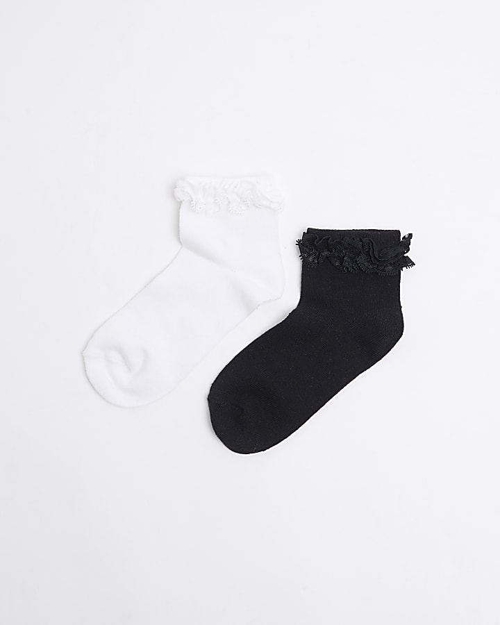 Girls 2 Pack Black Lace Frill Socks