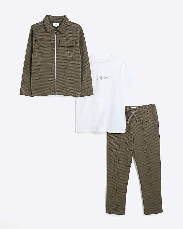 Boys Khaki Textured Shirt 3 Piece Set