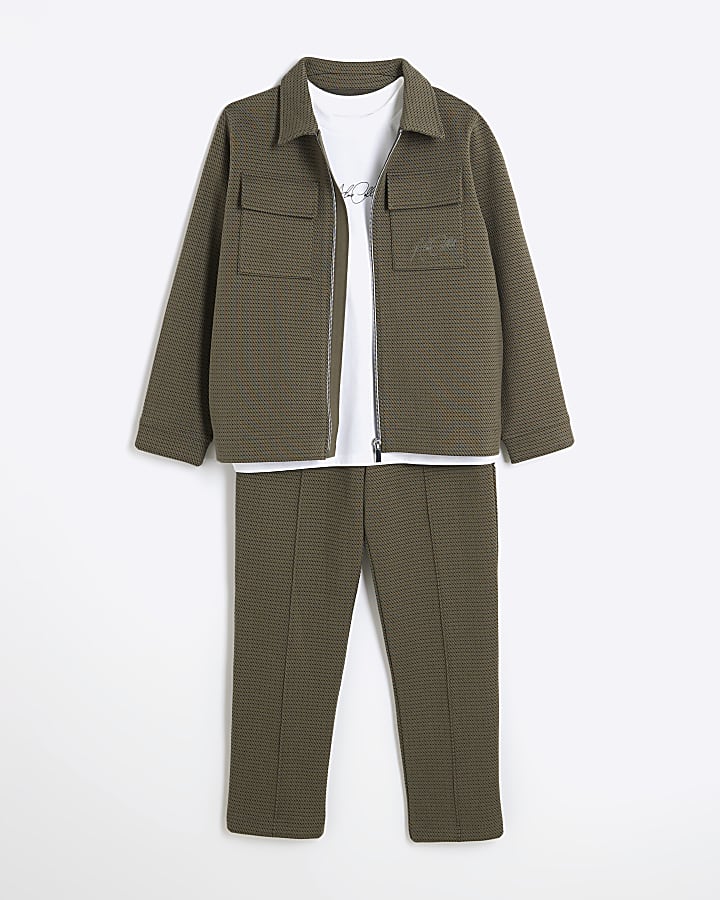 Boys Khaki Textured Shirt 3 Piece Set