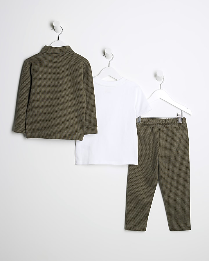 Mini Boys Khaki Textured Shirt 3 Piece Set