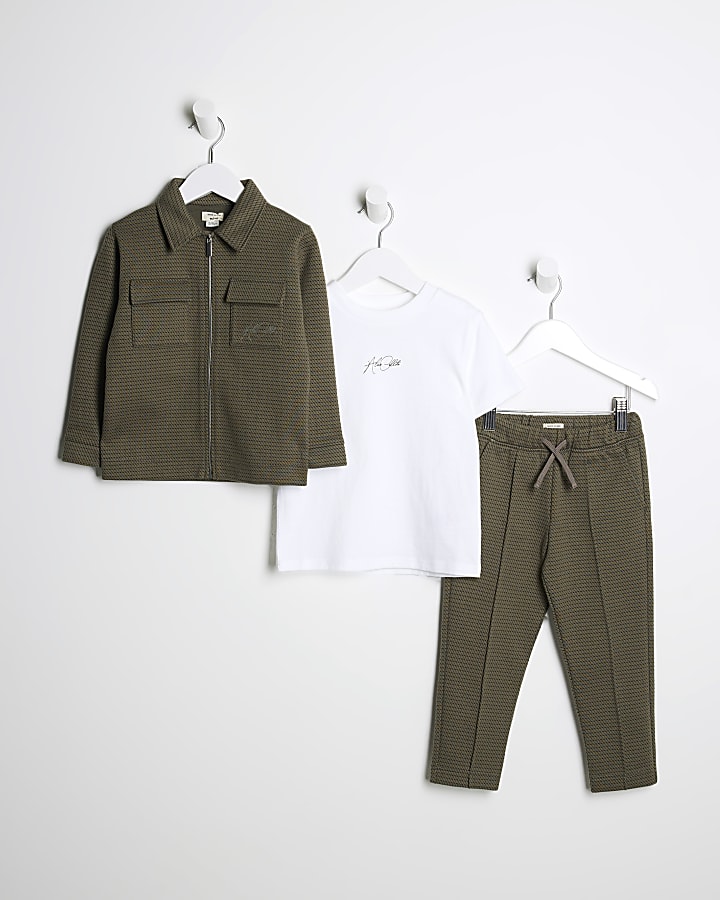 Mini Boys Khaki Textured Shirt 3 Piece Set