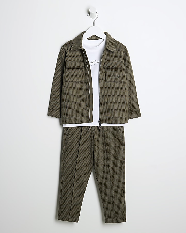 Mini Boys Khaki Textured Shirt 3 Piece Set