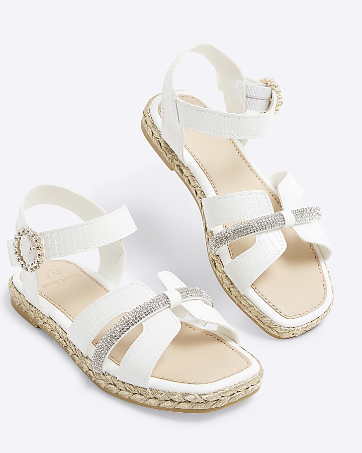 Girls White Faux Leather Diamante Sandals