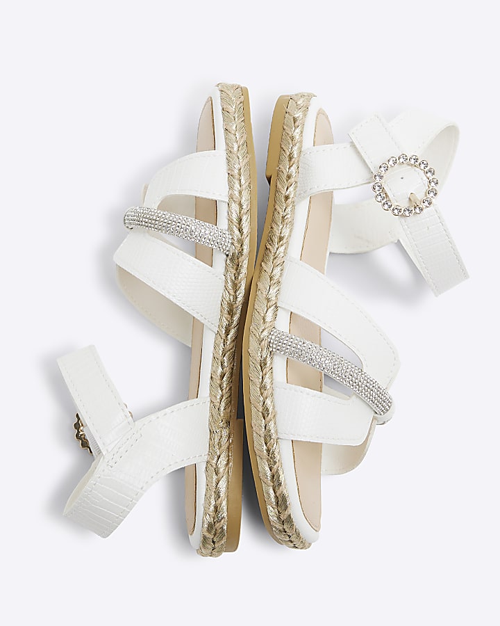 Girls White Faux Leather Diamante Sandals