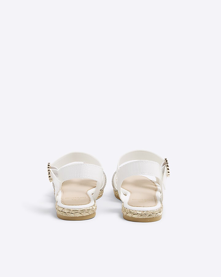 Girls White Faux Leather Diamante Sandals