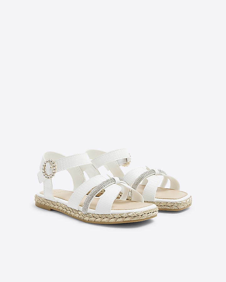 Girls White Faux Leather Diamante Sandals