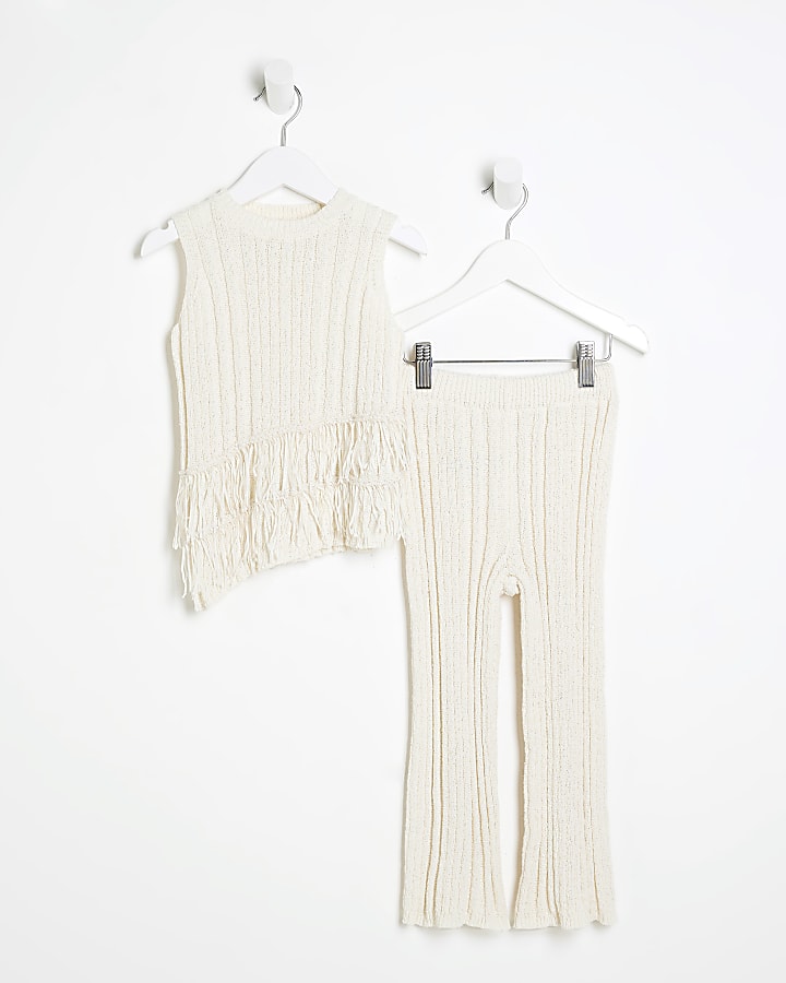 Mini Girls Beige Asymmetric Fringe Top Set