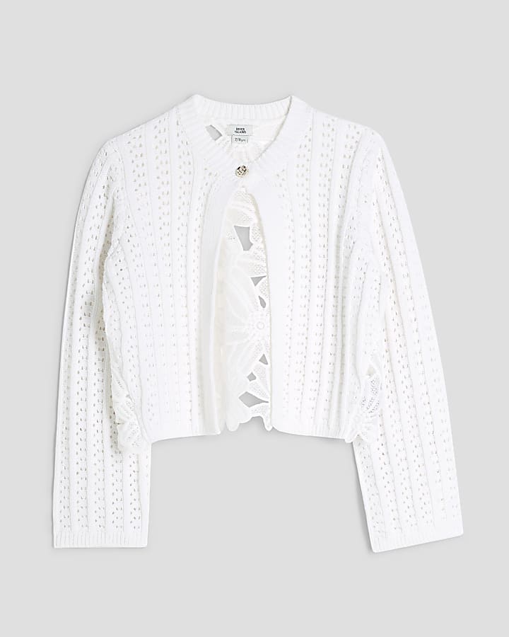 Girls White Lace Back Cardigan