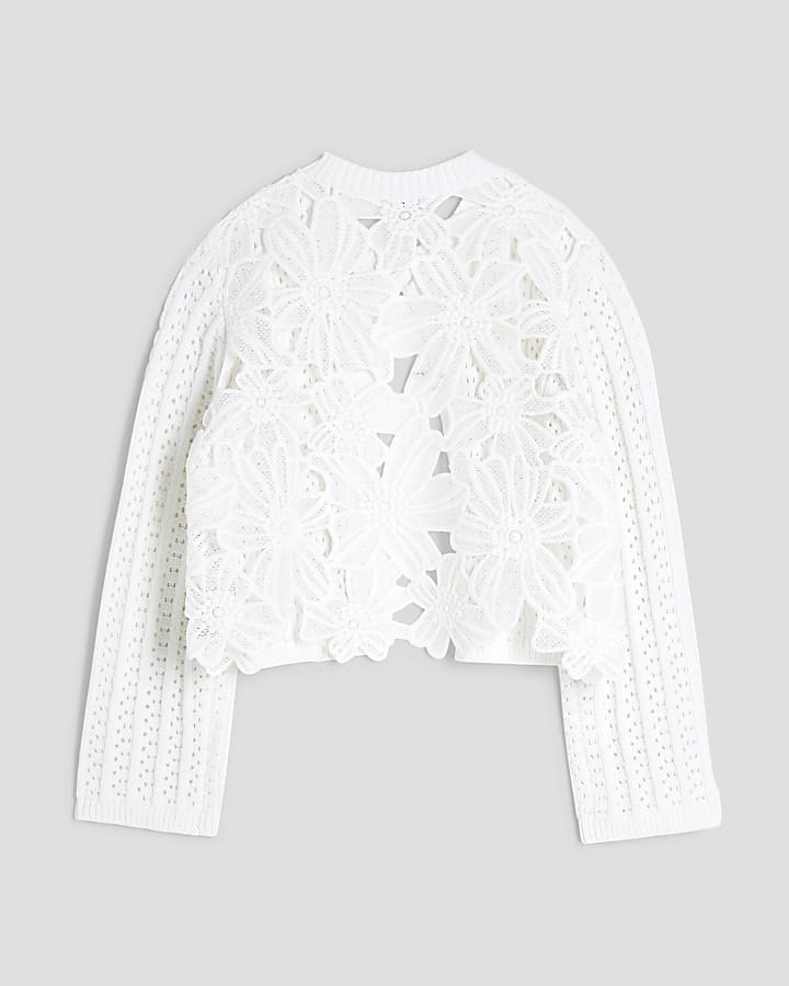 Girls White Lace Back Cardigan