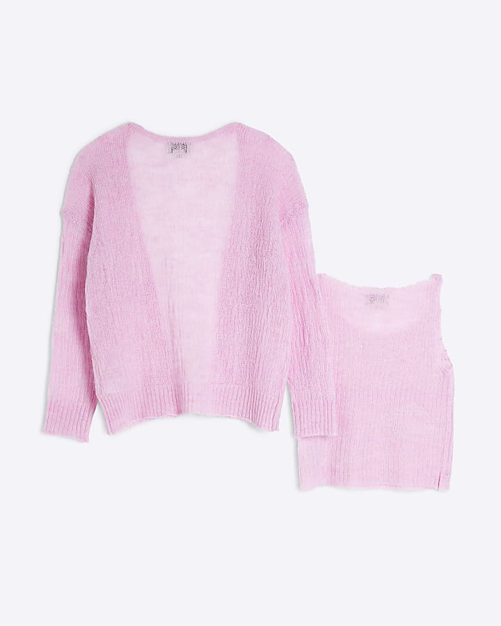 Girls Pink 2 in 1 Diamante Cami Top Cardigan