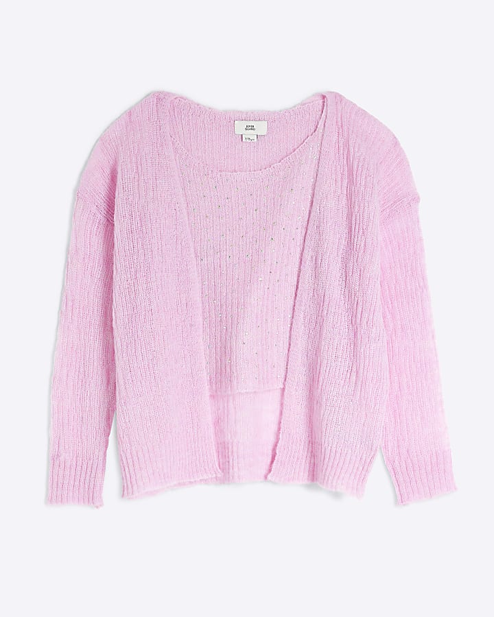 Girls Pink 2 in 1 Diamante Cami Top Cardigan