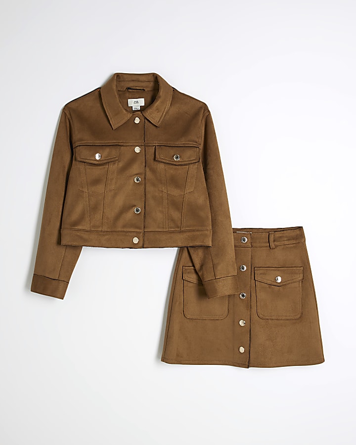 Girls Brown Suede Jacket Set