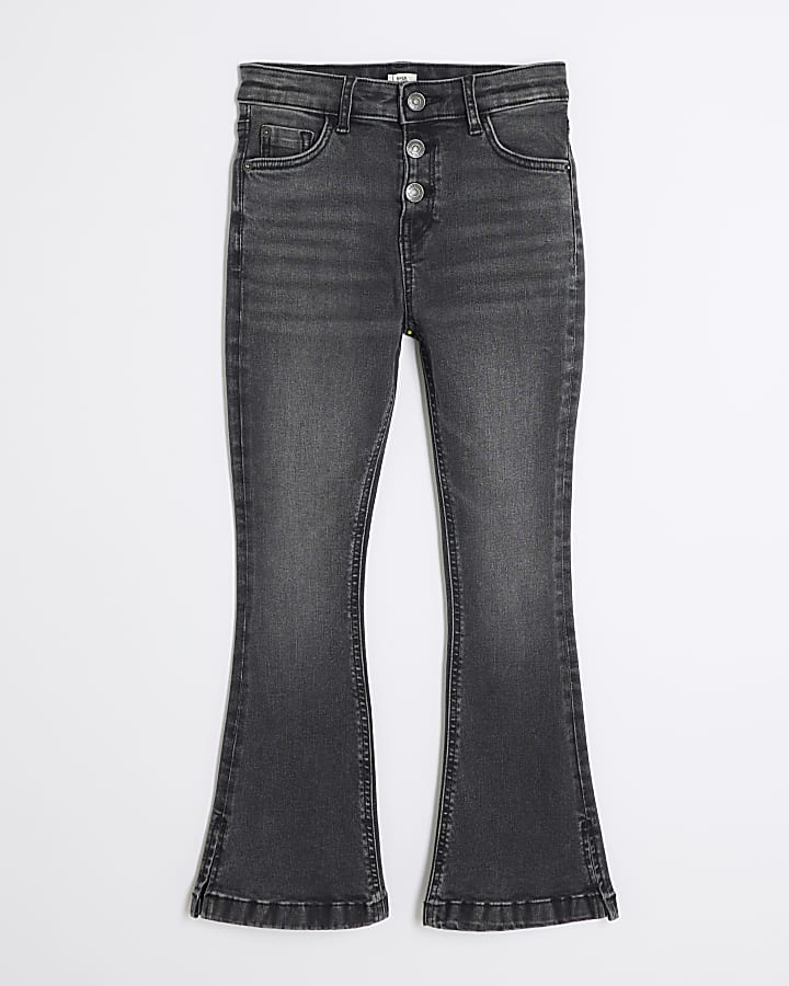 Girls Black Denim Button Front Flared Jeans