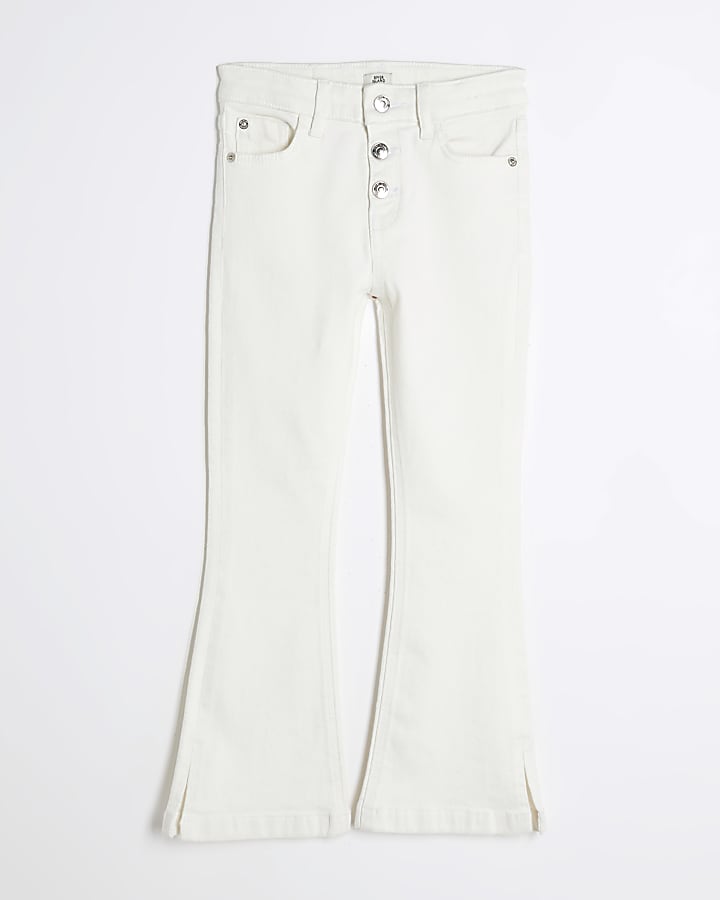 Girls White Denim Button Front Flared Jeans