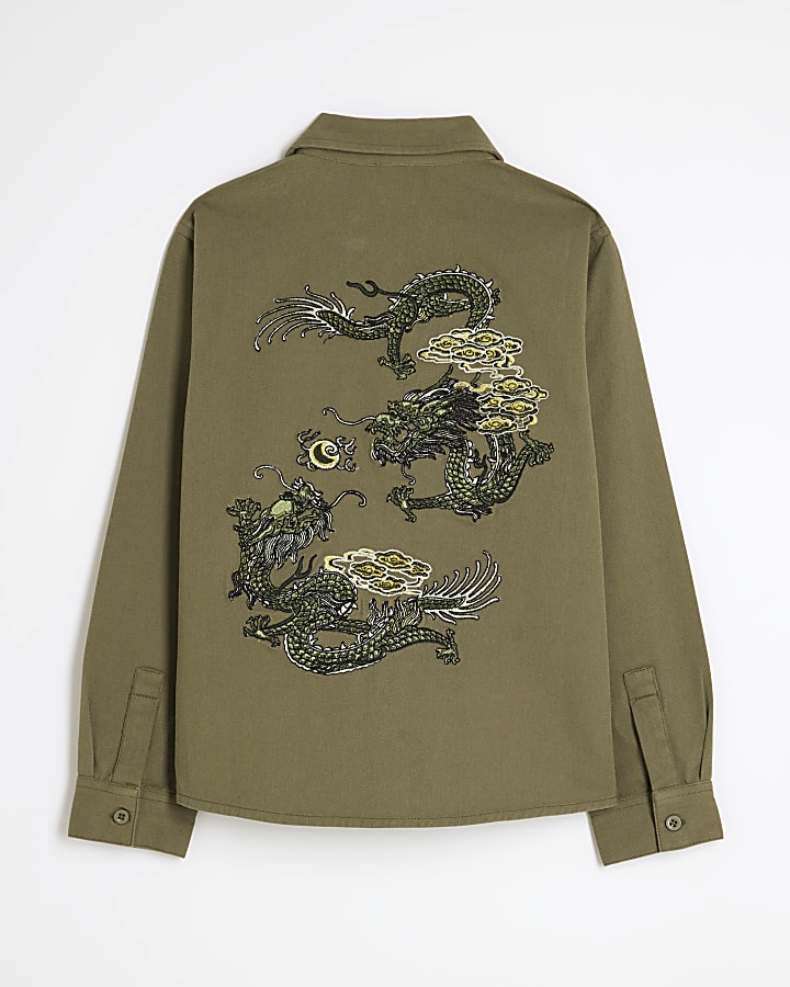 Boys Khaki Japanese Embroidery Shacket