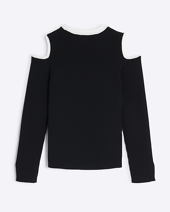 Girls Black Tipped Cold Shoulder Top