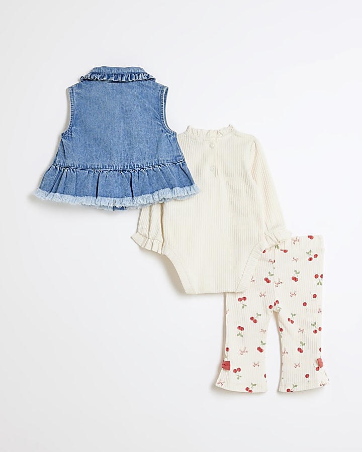 Baby Girls Blue Denim Gilet Cherry Set