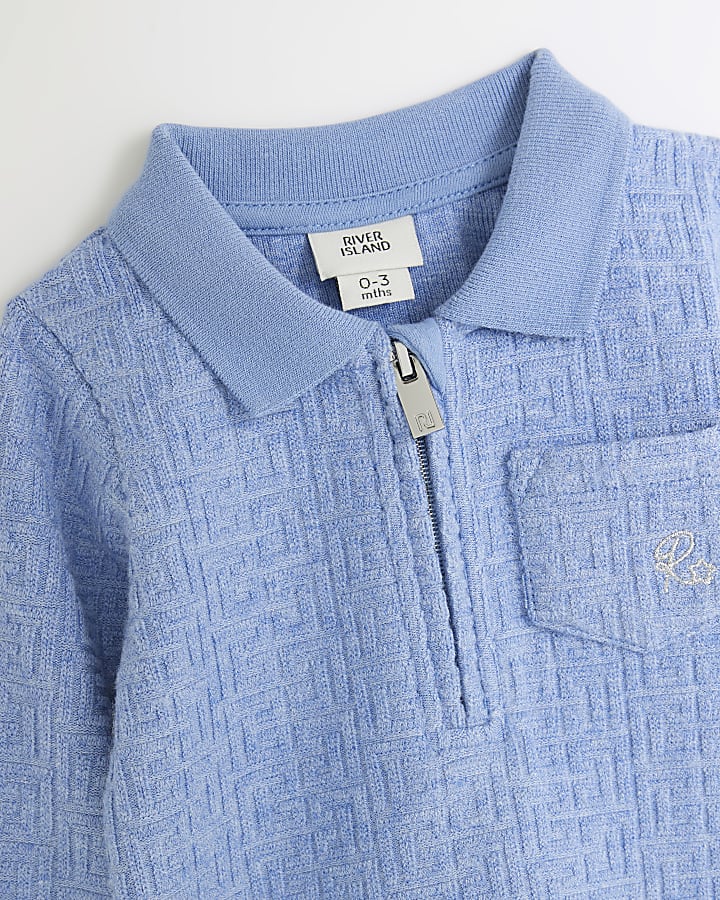 Baby Boys Blue Textured Quarter Zip Shirt Set