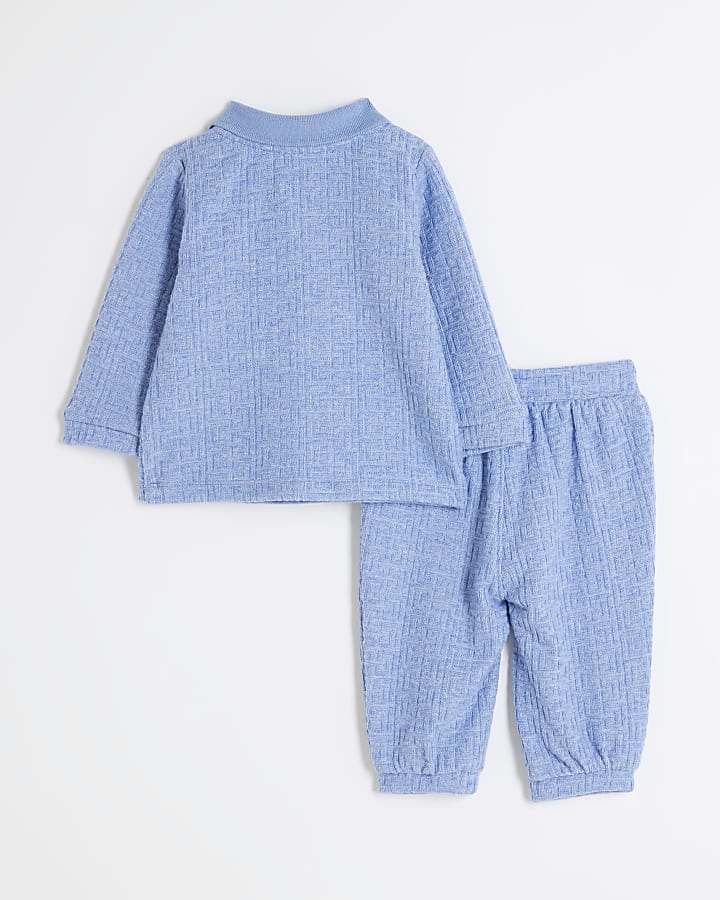 Baby Boys Blue Textured Quarter Zip Shirt Set