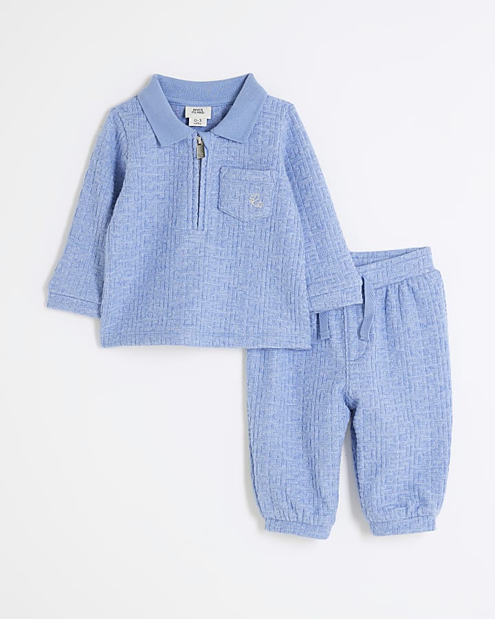 Baby Boys Blue Textured Quarter Zip Shirt Set